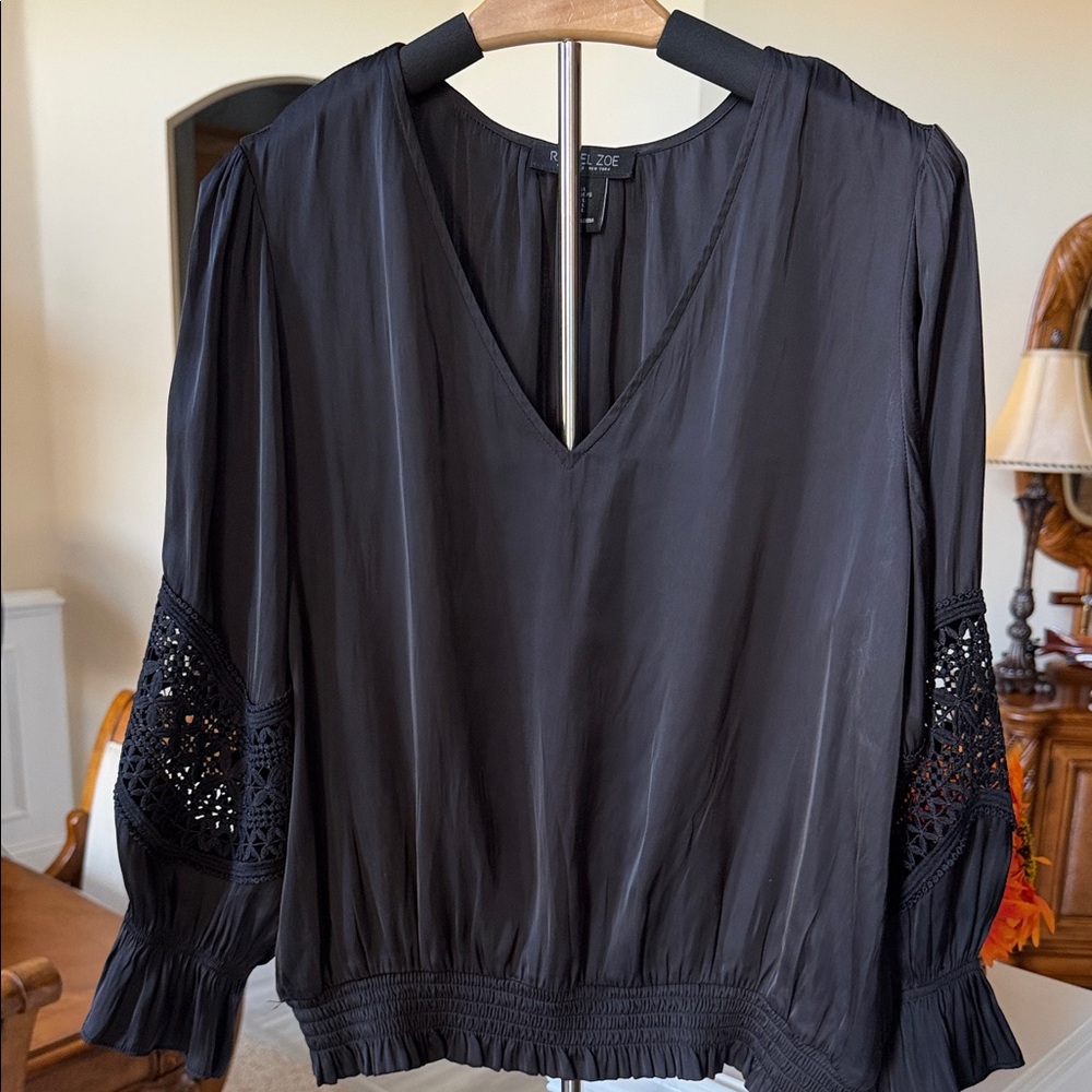 Rachel Zoe Elegant Black Blouse with Crochet Sleeves